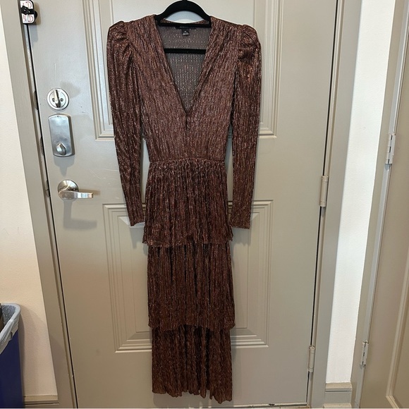 Sabina Musáyev Carry Tiered Metallic Longsleeve Dress Bronze Size Extra Small XS - Picture 2 of 7